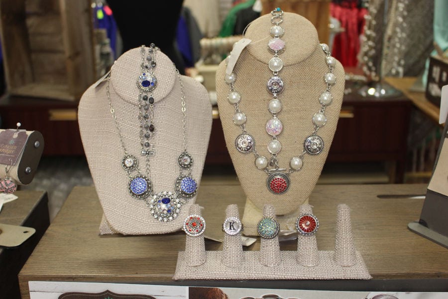 necklaces and rings on display in Dickens Gift Shoppe Boutique