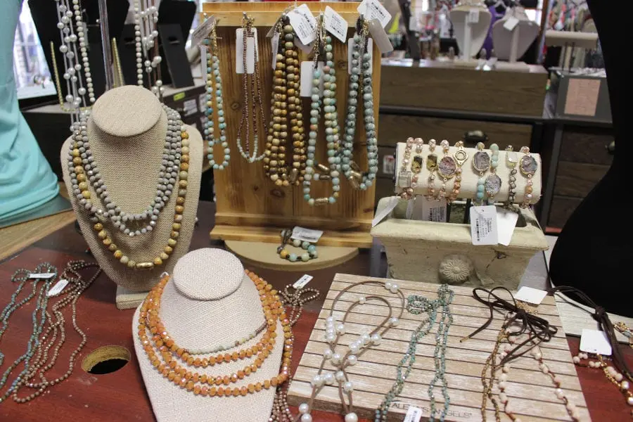 necklace and bracelet display at Dickens Boutique