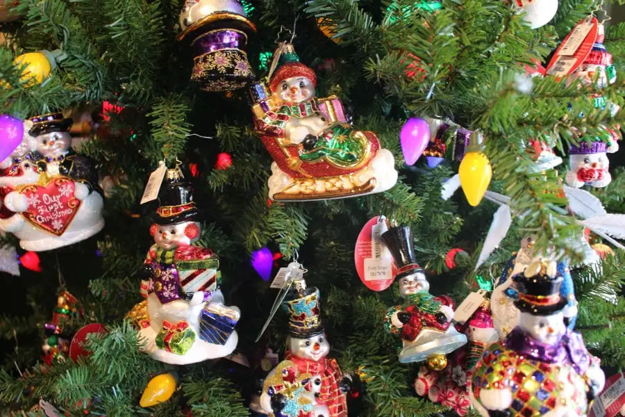 close up on ornaments on Christmas tree at Kringles