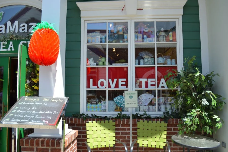 window at TeaMaze Tea Shop reading "Love Tea"