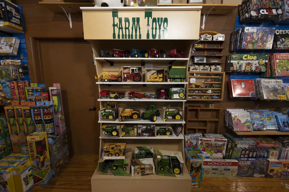 Toy tractors and farm vehicles on display at Back in Time Toys shop
