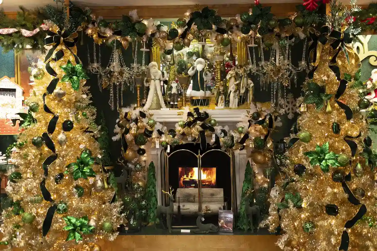 Fireplace and Santa display at Kringles Christmas Store